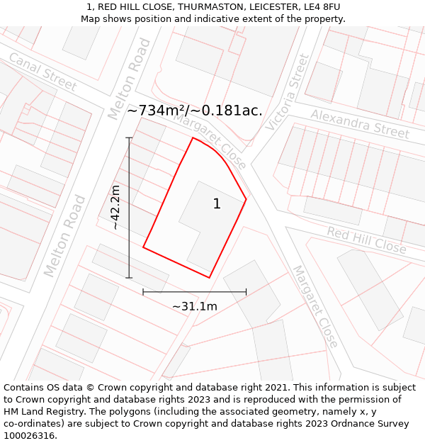 1, RED HILL CLOSE, THURMASTON, LEICESTER, LE4 8FU: Plot and title map