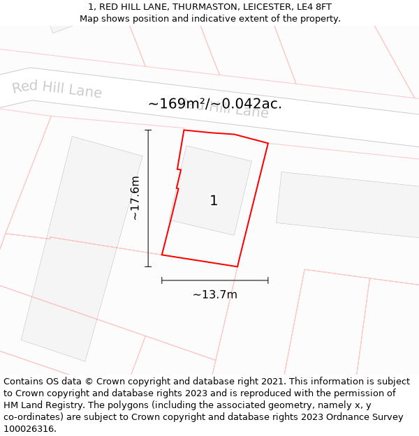 1, RED HILL LANE, THURMASTON, LEICESTER, LE4 8FT: Plot and title map