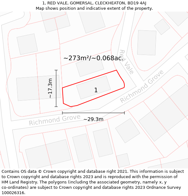 1, RED VALE, GOMERSAL, CLECKHEATON, BD19 4AJ: Plot and title map