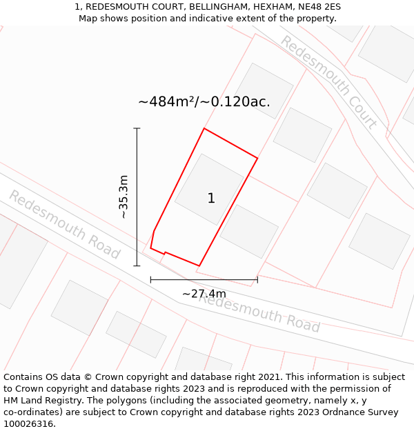 1, REDESMOUTH COURT, BELLINGHAM, HEXHAM, NE48 2ES: Plot and title map