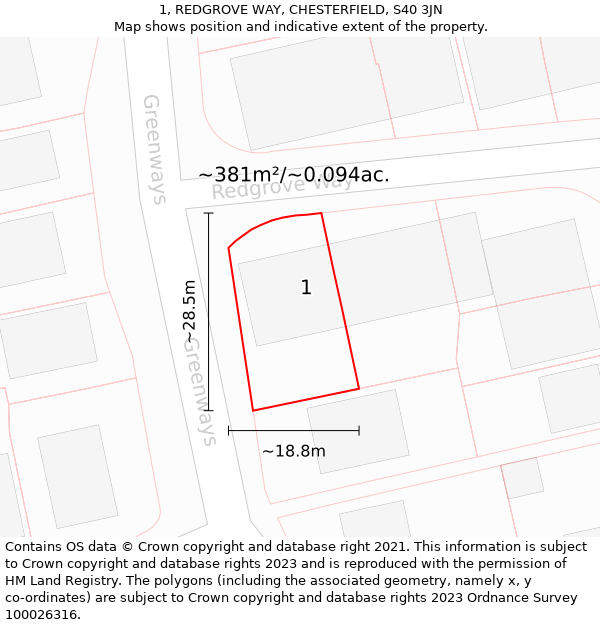 1, REDGROVE WAY, CHESTERFIELD, S40 3JN: Plot and title map