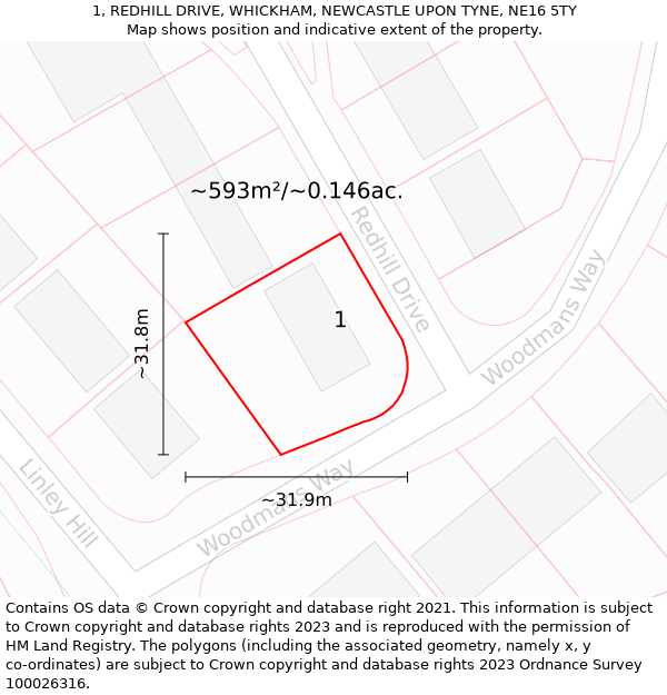 1, REDHILL DRIVE, WHICKHAM, NEWCASTLE UPON TYNE, NE16 5TY: Plot and title map