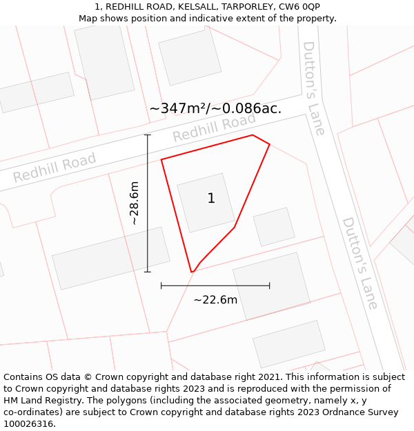 1, REDHILL ROAD, KELSALL, TARPORLEY, CW6 0QP: Plot and title map