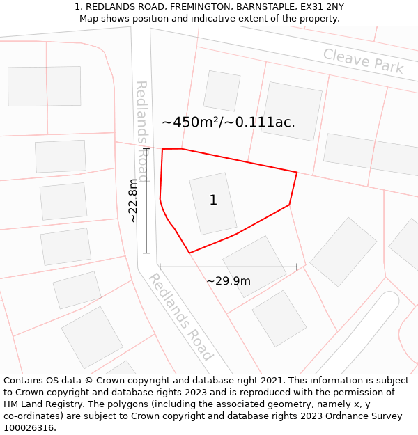 1, REDLANDS ROAD, FREMINGTON, BARNSTAPLE, EX31 2NY: Plot and title map