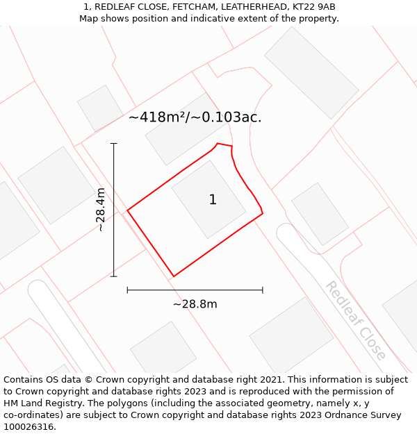 1, REDLEAF CLOSE, FETCHAM, LEATHERHEAD, KT22 9AB: Plot and title map