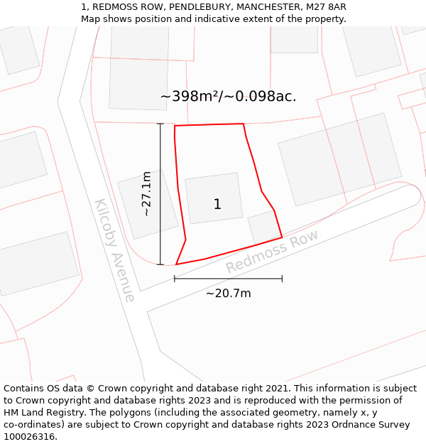1, REDMOSS ROW, PENDLEBURY, MANCHESTER, M27 8AR: Plot and title map