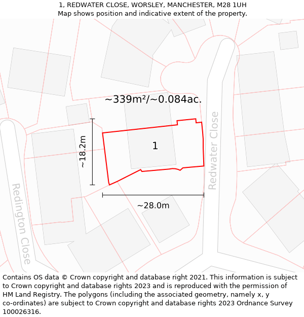 1, REDWATER CLOSE, WORSLEY, MANCHESTER, M28 1UH: Plot and title map