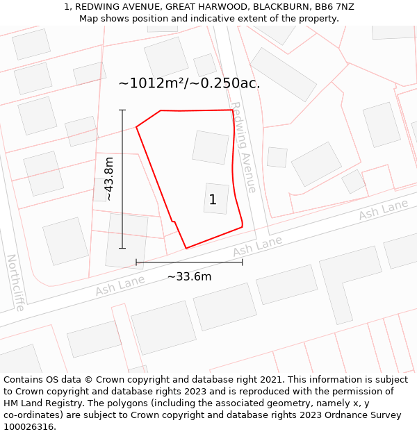 1, REDWING AVENUE, GREAT HARWOOD, BLACKBURN, BB6 7NZ: Plot and title map