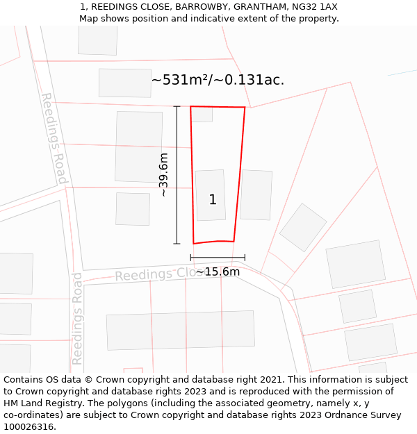 1, REEDINGS CLOSE, BARROWBY, GRANTHAM, NG32 1AX: Plot and title map