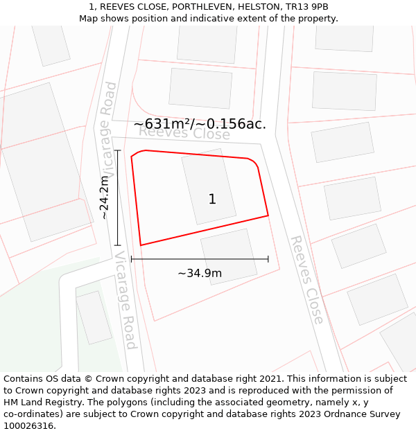 1, REEVES CLOSE, PORTHLEVEN, HELSTON, TR13 9PB: Plot and title map