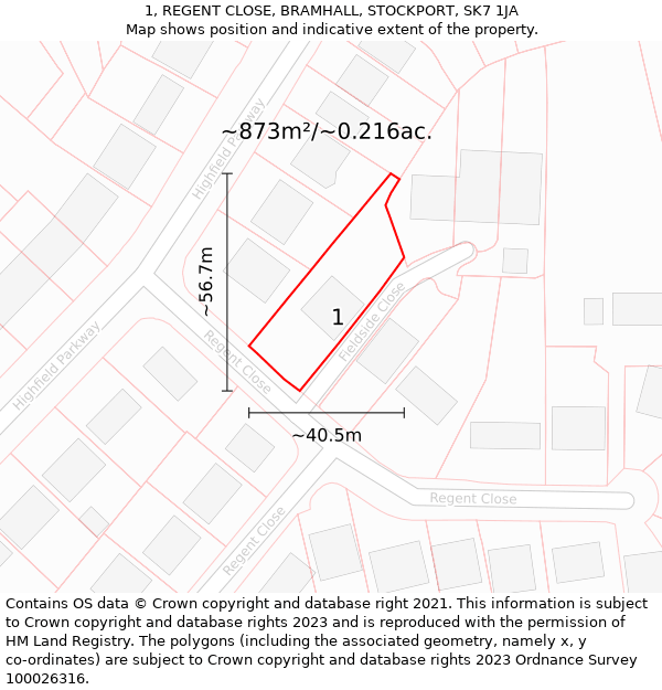 1, REGENT CLOSE, BRAMHALL, STOCKPORT, SK7 1JA: Plot and title map