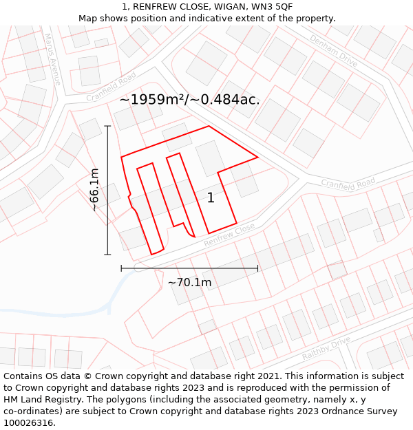 1, RENFREW CLOSE, WIGAN, WN3 5QF: Plot and title map