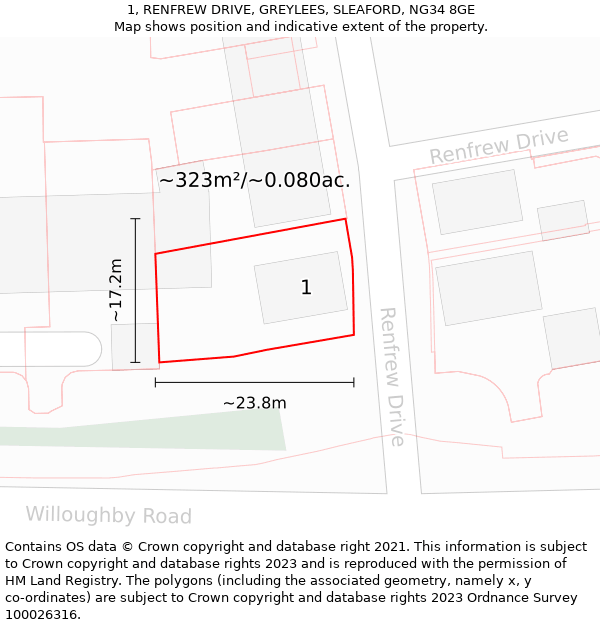 1, RENFREW DRIVE, GREYLEES, SLEAFORD, NG34 8GE: Plot and title map