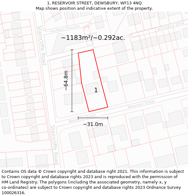 1, RESERVOIR STREET, DEWSBURY, WF13 4NQ: Plot and title map