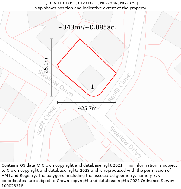 1, REVILL CLOSE, CLAYPOLE, NEWARK, NG23 5FJ: Plot and title map