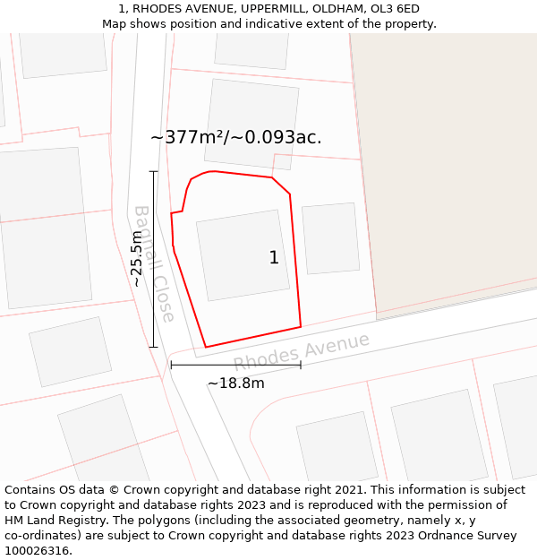 1, RHODES AVENUE, UPPERMILL, OLDHAM, OL3 6ED: Plot and title map