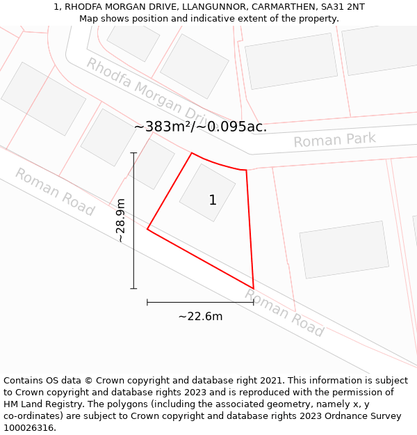 1, RHODFA MORGAN DRIVE, LLANGUNNOR, CARMARTHEN, SA31 2NT: Plot and title map