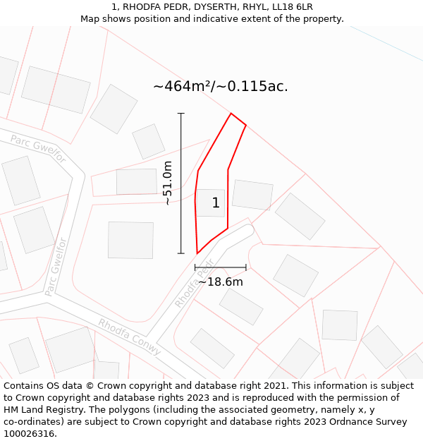 1, RHODFA PEDR, DYSERTH, RHYL, LL18 6LR: Plot and title map