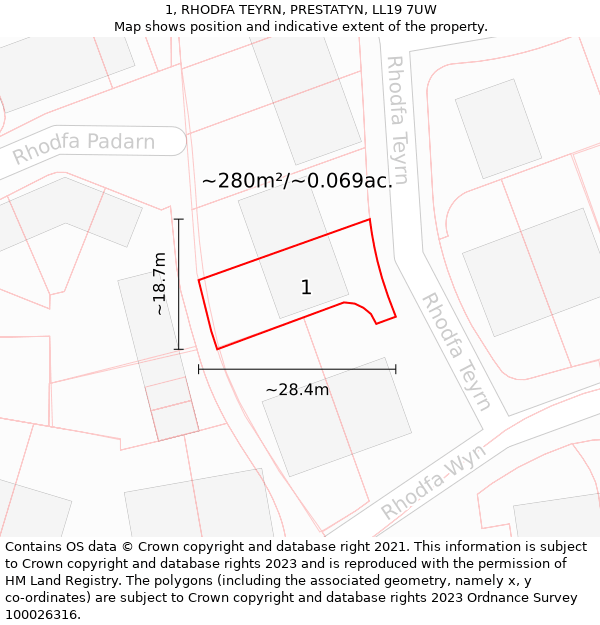 1, RHODFA TEYRN, PRESTATYN, LL19 7UW: Plot and title map