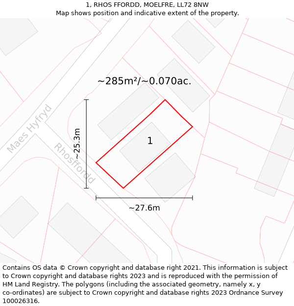 1, RHOS FFORDD, MOELFRE, LL72 8NW: Plot and title map