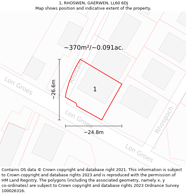 1, RHOSWEN, GAERWEN, LL60 6DJ: Plot and title map