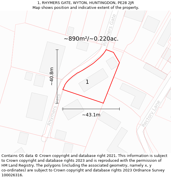 1, RHYMERS GATE, WYTON, HUNTINGDON, PE28 2JR: Plot and title map