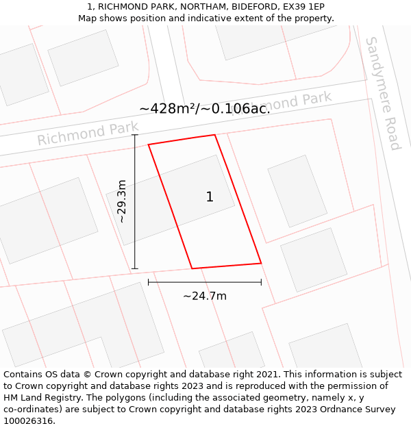 1, RICHMOND PARK, NORTHAM, BIDEFORD, EX39 1EP: Plot and title map