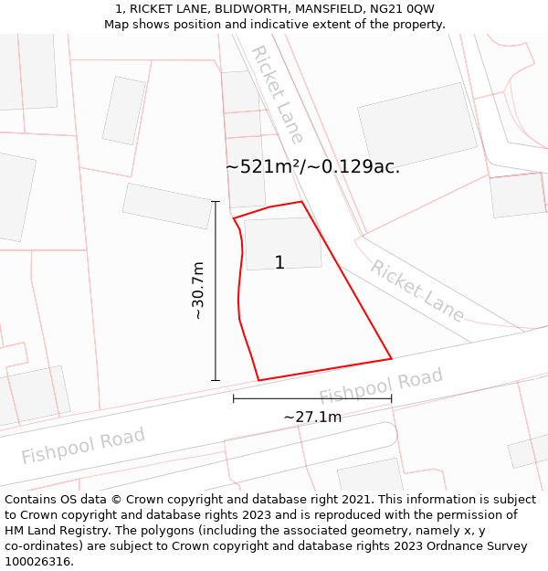 1, RICKET LANE, BLIDWORTH, MANSFIELD, NG21 0QW: Plot and title map