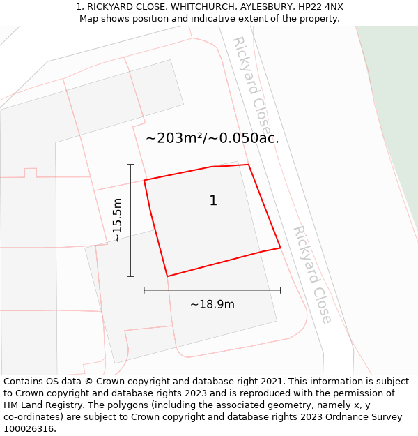 1, RICKYARD CLOSE, WHITCHURCH, AYLESBURY, HP22 4NX: Plot and title map