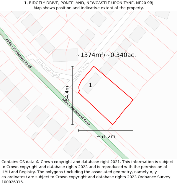 1, RIDGELY DRIVE, PONTELAND, NEWCASTLE UPON TYNE, NE20 9BJ: Plot and title map