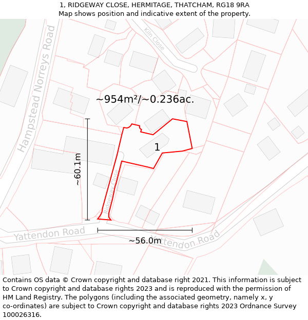 1, RIDGEWAY CLOSE, HERMITAGE, THATCHAM, RG18 9RA: Plot and title map