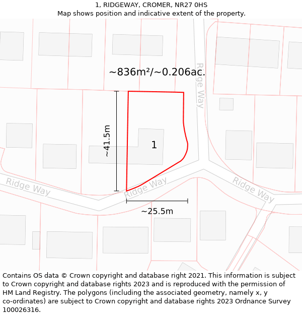 1, RIDGEWAY, CROMER, NR27 0HS: Plot and title map