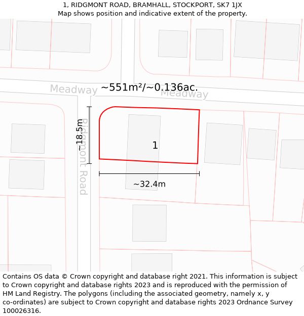 1, RIDGMONT ROAD, BRAMHALL, STOCKPORT, SK7 1JX: Plot and title map