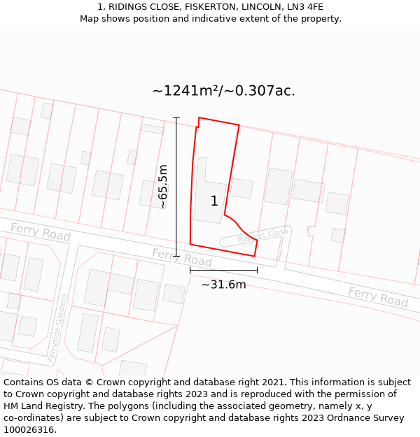 1, RIDINGS CLOSE, FISKERTON, LINCOLN, LN3 4FE: Plot and title map