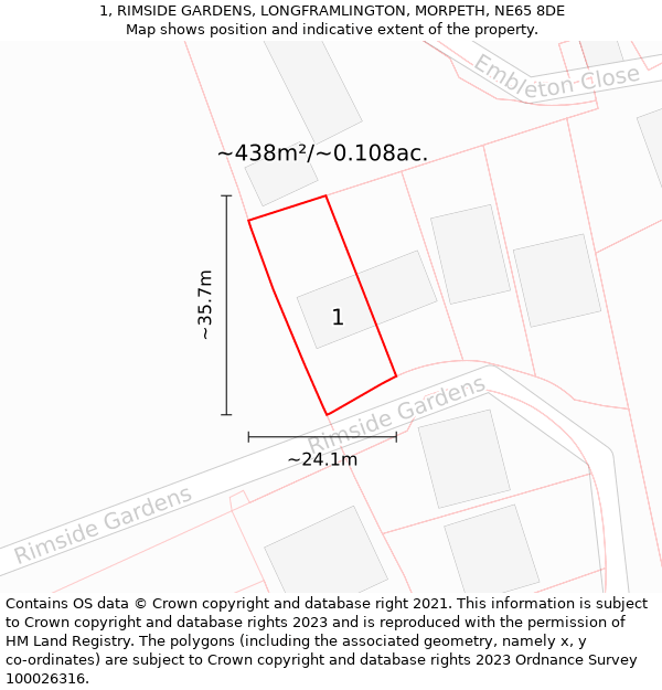 1, RIMSIDE GARDENS, LONGFRAMLINGTON, MORPETH, NE65 8DE: Plot and title map