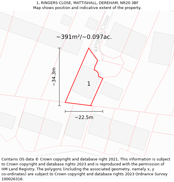 1, RINGERS CLOSE, MATTISHALL, DEREHAM, NR20 3BF: Plot and title map