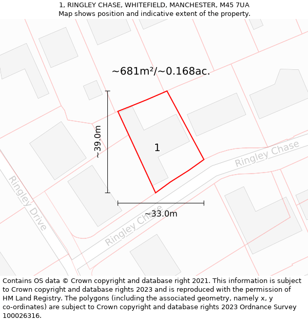 1, RINGLEY CHASE, WHITEFIELD, MANCHESTER, M45 7UA: Plot and title map