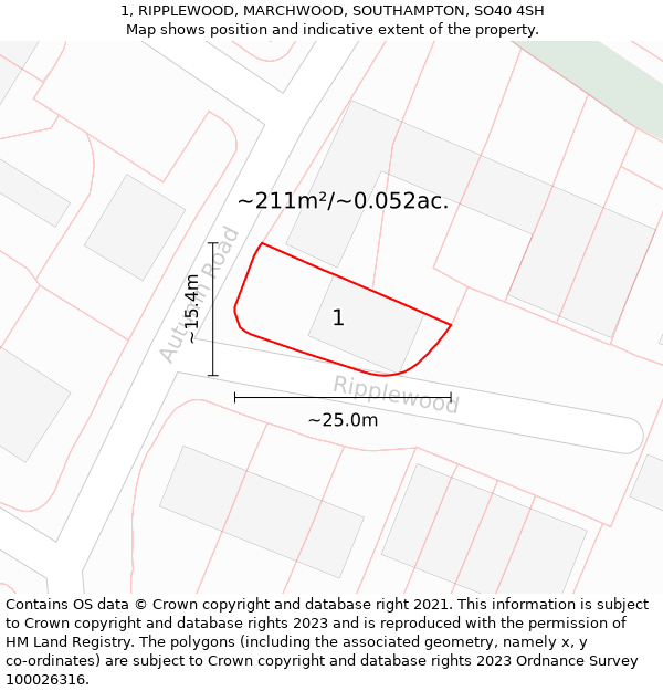 1, RIPPLEWOOD, MARCHWOOD, SOUTHAMPTON, SO40 4SH: Plot and title map