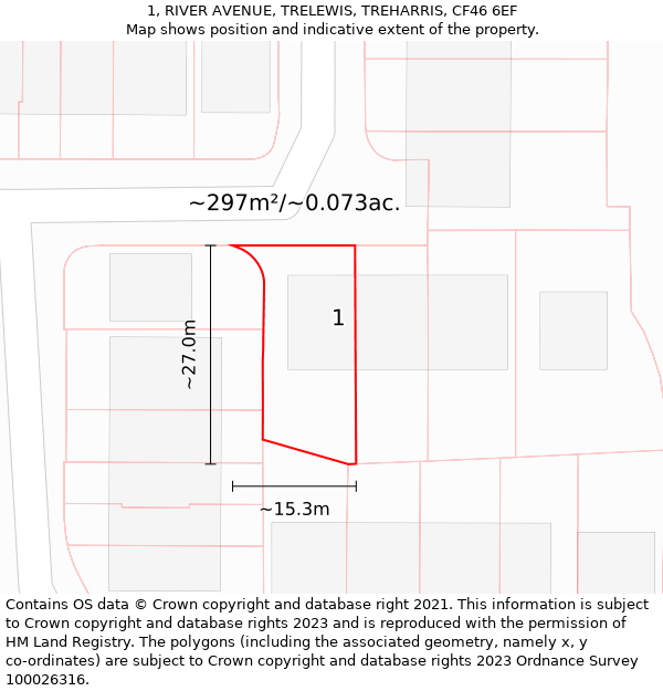 1, RIVER AVENUE, TRELEWIS, TREHARRIS, CF46 6EF: Plot and title map
