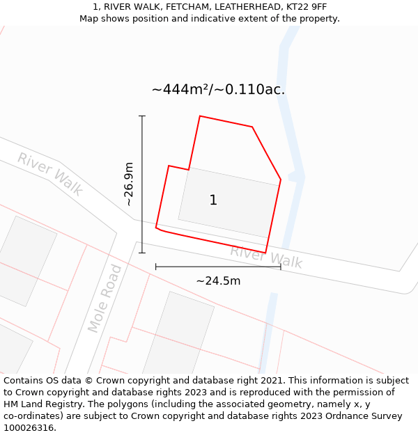 1, RIVER WALK, FETCHAM, LEATHERHEAD, KT22 9FF: Plot and title map