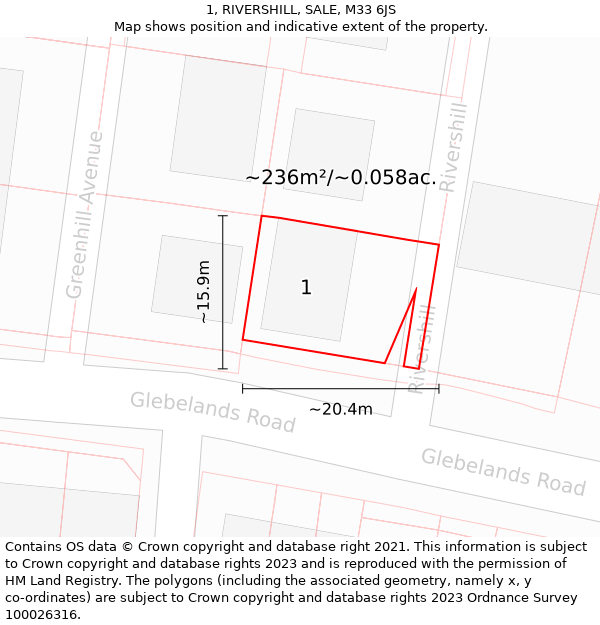 1, RIVERSHILL, SALE, M33 6JS: Plot and title map