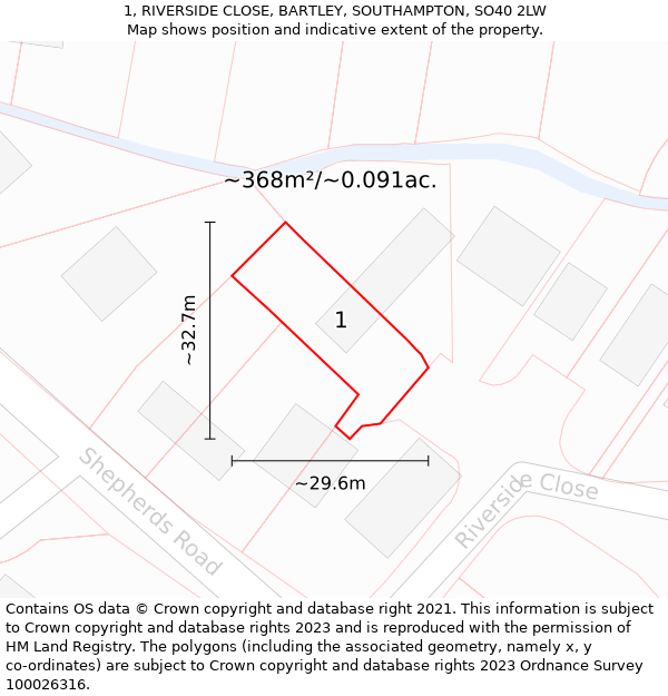 1, RIVERSIDE CLOSE, BARTLEY, SOUTHAMPTON, SO40 2LW: Plot and title map