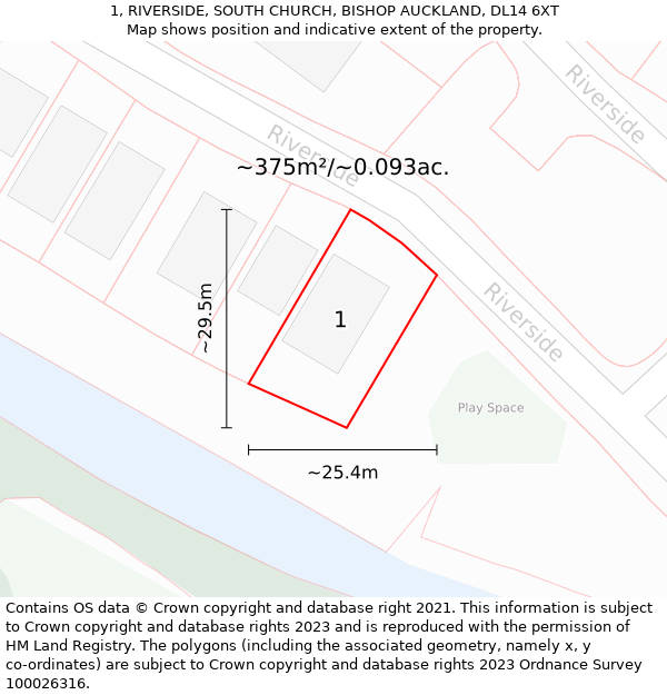 1, RIVERSIDE, SOUTH CHURCH, BISHOP AUCKLAND, DL14 6XT: Plot and title map