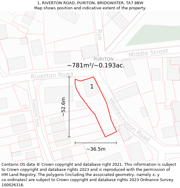 1, RIVERTON ROAD, PURITON, BRIDGWATER, TA7 8BW: Plot and title map