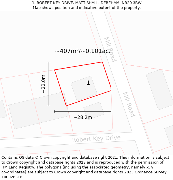 1, ROBERT KEY DRIVE, MATTISHALL, DEREHAM, NR20 3RW: Plot and title map