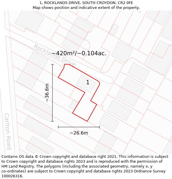 1, ROCKLANDS DRIVE, SOUTH CROYDON, CR2 0FE: Plot and title map