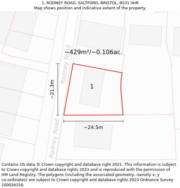 1, RODNEY ROAD, SALTFORD, BRISTOL, BS31 3HR: Plot and title map