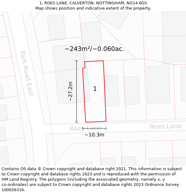 1, ROES LANE, CALVERTON, NOTTINGHAM, NG14 6GS: Plot and title map