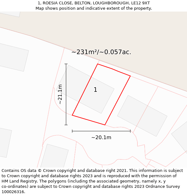 1, ROESIA CLOSE, BELTON, LOUGHBOROUGH, LE12 9XT: Plot and title map