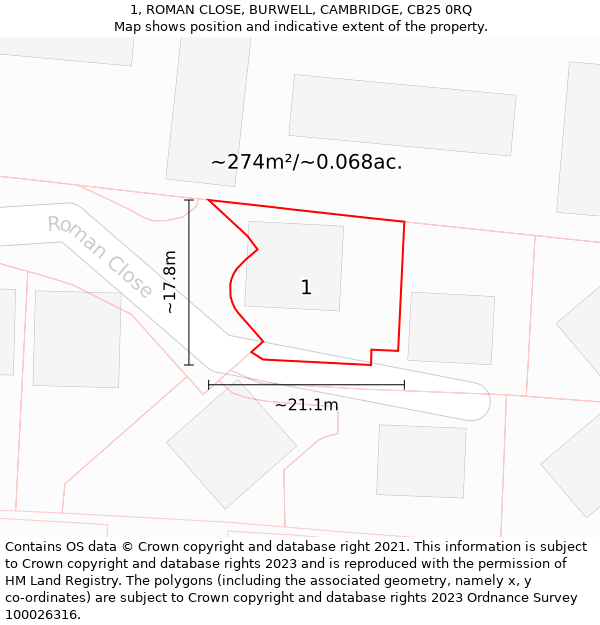 1, ROMAN CLOSE, BURWELL, CAMBRIDGE, CB25 0RQ: Plot and title map